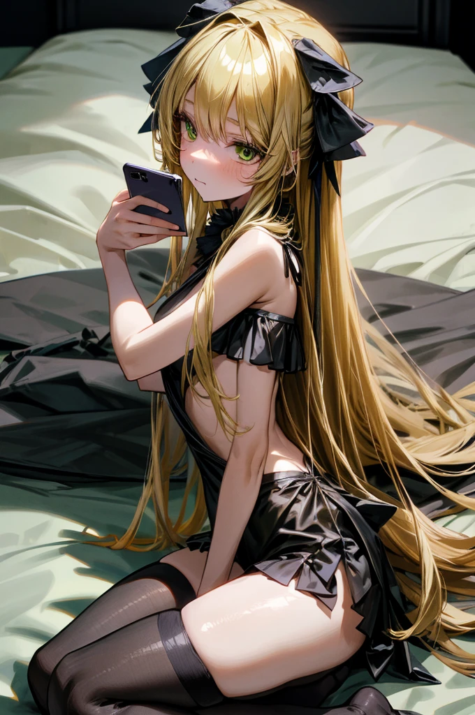 1girl, long golden hair,green eyes, dog floppy ears, in black stockings, sitting on bed, in underwear, slender body. Holding smartphone, looking at smartphone, perfect eyes, perfect quality, back to camera