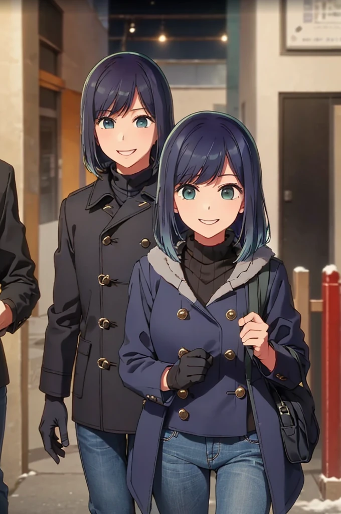 girl, duffel coat, jeans, snow, black gloves, street, crowd, smile
