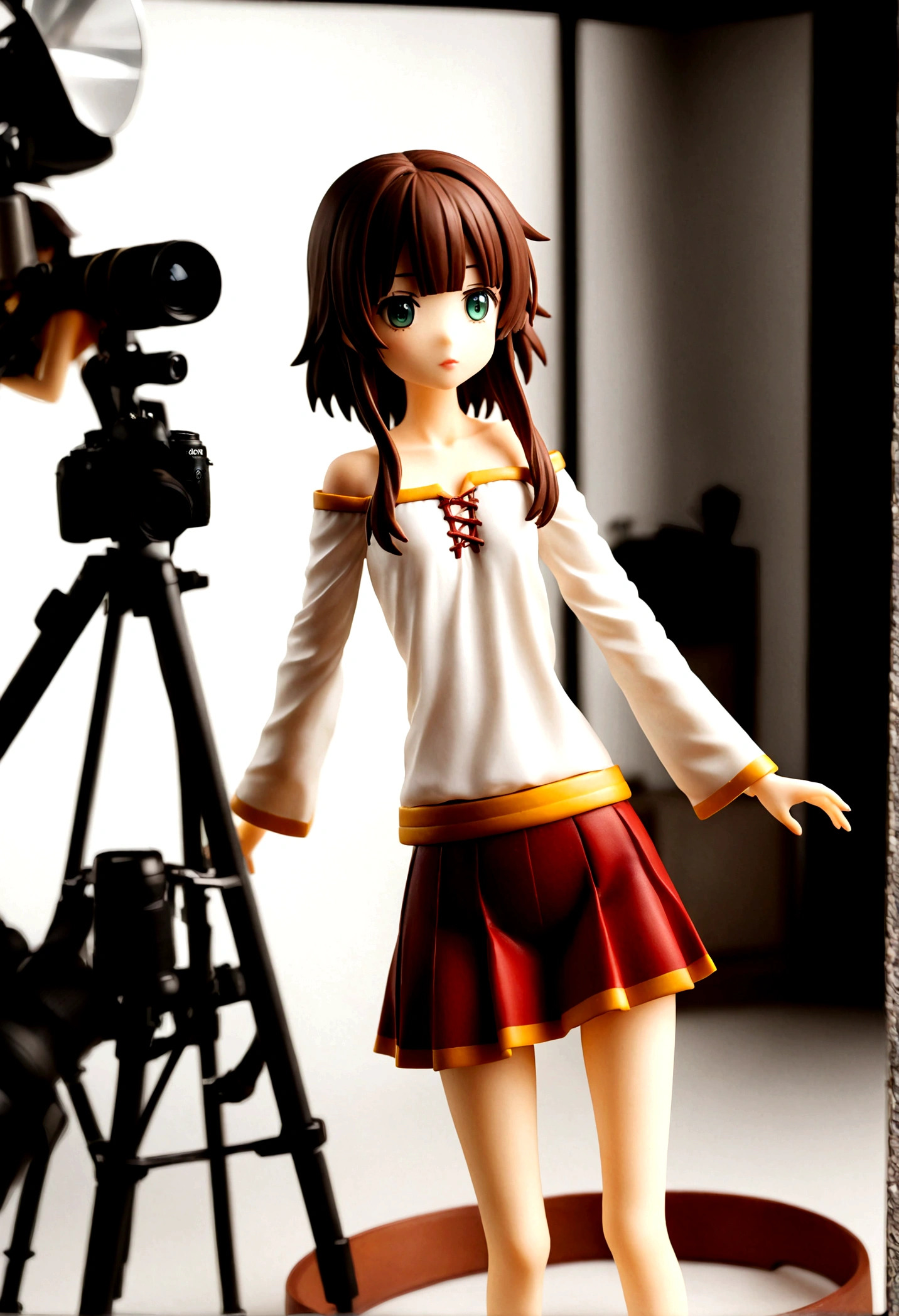 "A well-lit photography studio room with various spotlights and reflectors. Naru, an 18 year old girl, with short medium brown hair in the Megumin style, green eyes and aesthetic figure, wears a tight white long-sleeved blouse and a green pleated mini skirt. His face is hidden by angles and shadows, highlighting your figure. His tattoo is shown below the right buttock, on the thigh. In the background, You can see several hanging suits and professional photography equipment, including cameras and tripods