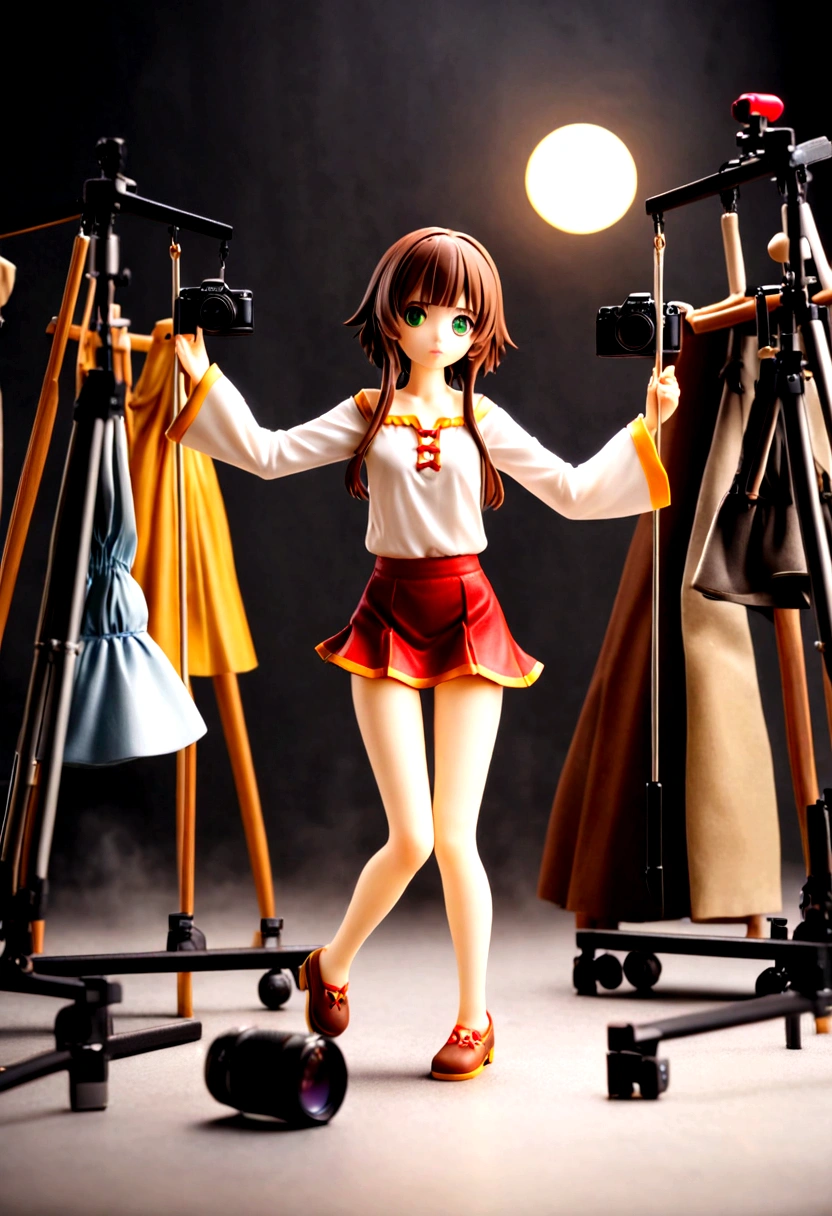 "A well-lit photography studio room with various spotlights and reflectors. Naru, an 18 year old girl, with short medium brown hair in the Megumin style, green eyes and aesthetic figure, wears a tight white long-sleeved blouse and a green pleated mini skirt. His face is hidden by angles and shadows, highlighting your figure. His tattoo is shown below the right buttock, on the thigh. In the background, You can see several hanging suits and professional photography equipment, including cameras and tripods