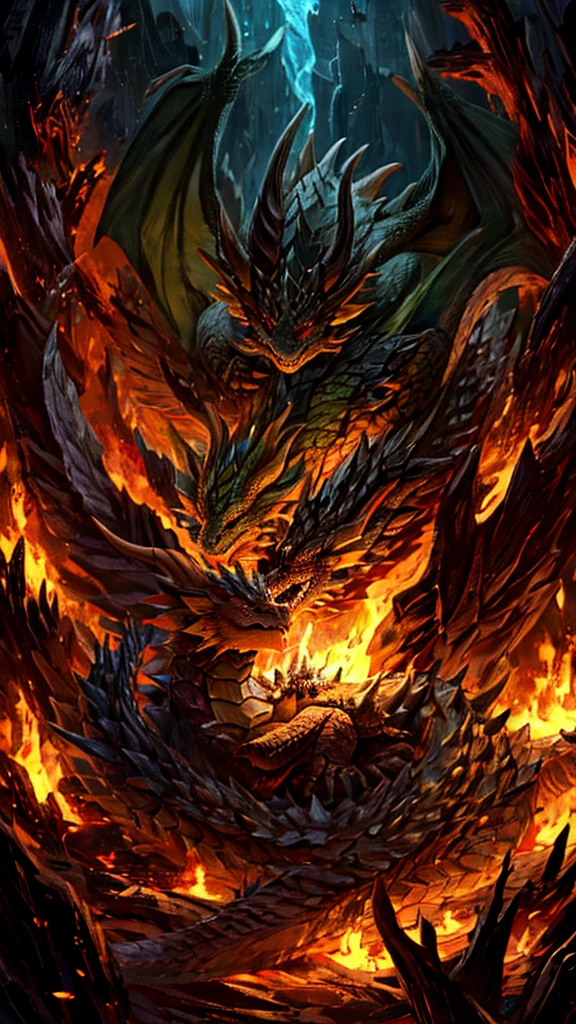 Show a little baby dragon sleeping on glowing logs. The dragon is green and surrounded by darkness. Only the logs and the dragon glow