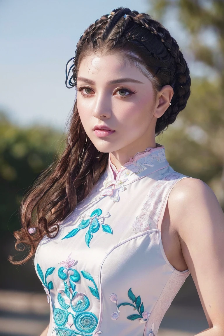 ((absurd quality,16k,highres,masterpiece:1.2), ultra details:1.3),UHD,(photorealistic Realism 16K Quality), (1woman:1.3 22-year-old), (super quality details in realistic texture: skin, hair), ((Ultra high-res Realistic eyes, clear sharp, not blurry, absurd quality details:1.25), brown_eyes), BREAK,. ((Fujicolor、daytime soft lighting)、fashion supermodel、((curly heban hair (slicked to the two side) Intricately detailed:1.35)),. BREAK, (pink_makeup:1.25),. BREAK, ((Classic and sexy ((white)) cheongsam)、Detailed blue decoration:1.25)),. (Fitted clothing:1.3)、dynamic pose、((close-up of her face:1.35)), (no decorations in the hair), (dark shot:1.2),
