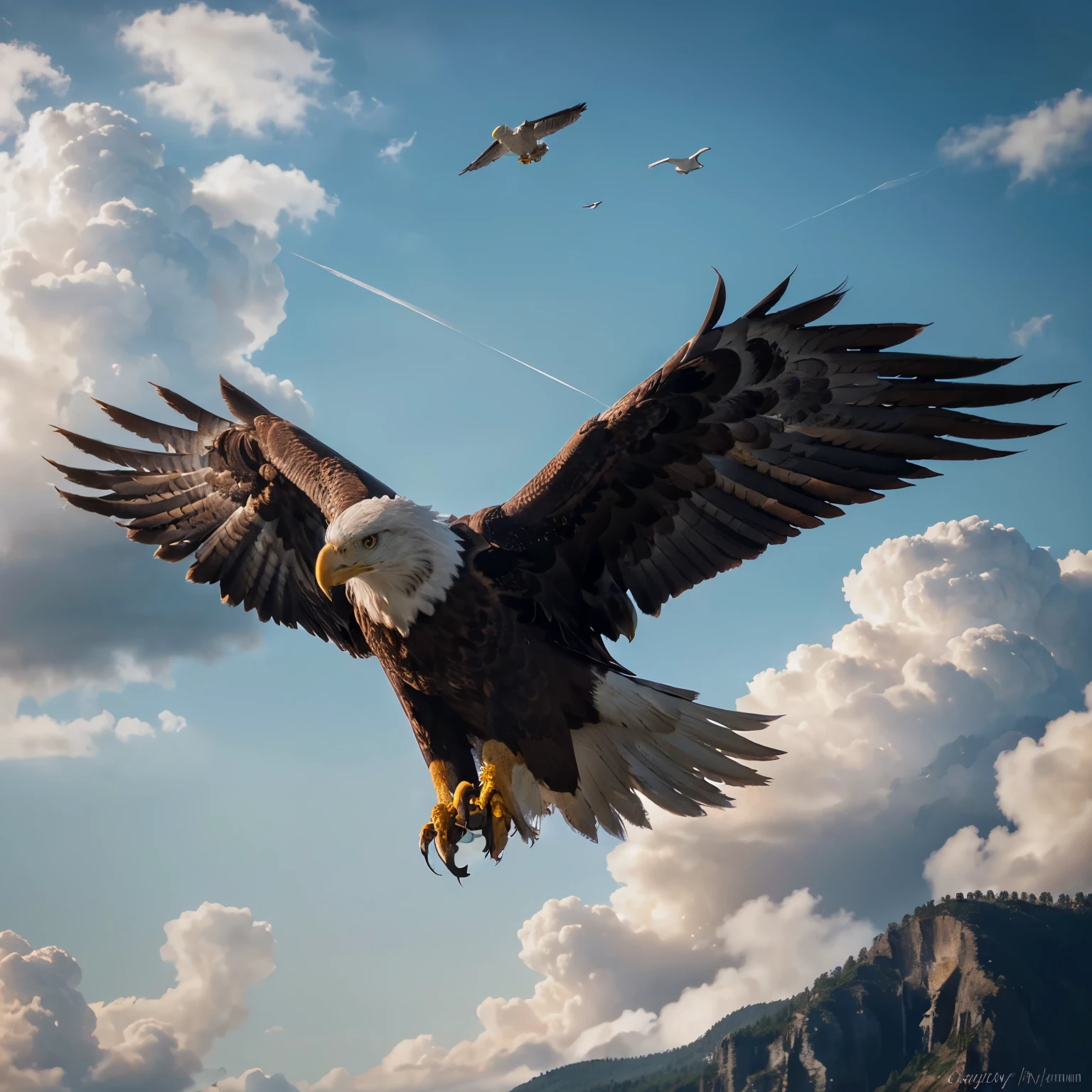 (eagle descending from sky,eagle setting,eagle flying,realistic eagle,bird of prey,bird,detailed feathers,photorealistic,plain background,cloudy sky,natural scenery,dramatic lighting,detailed textures,hyper detailed,hyper realistic,high resolution,high quality,masterpiece)