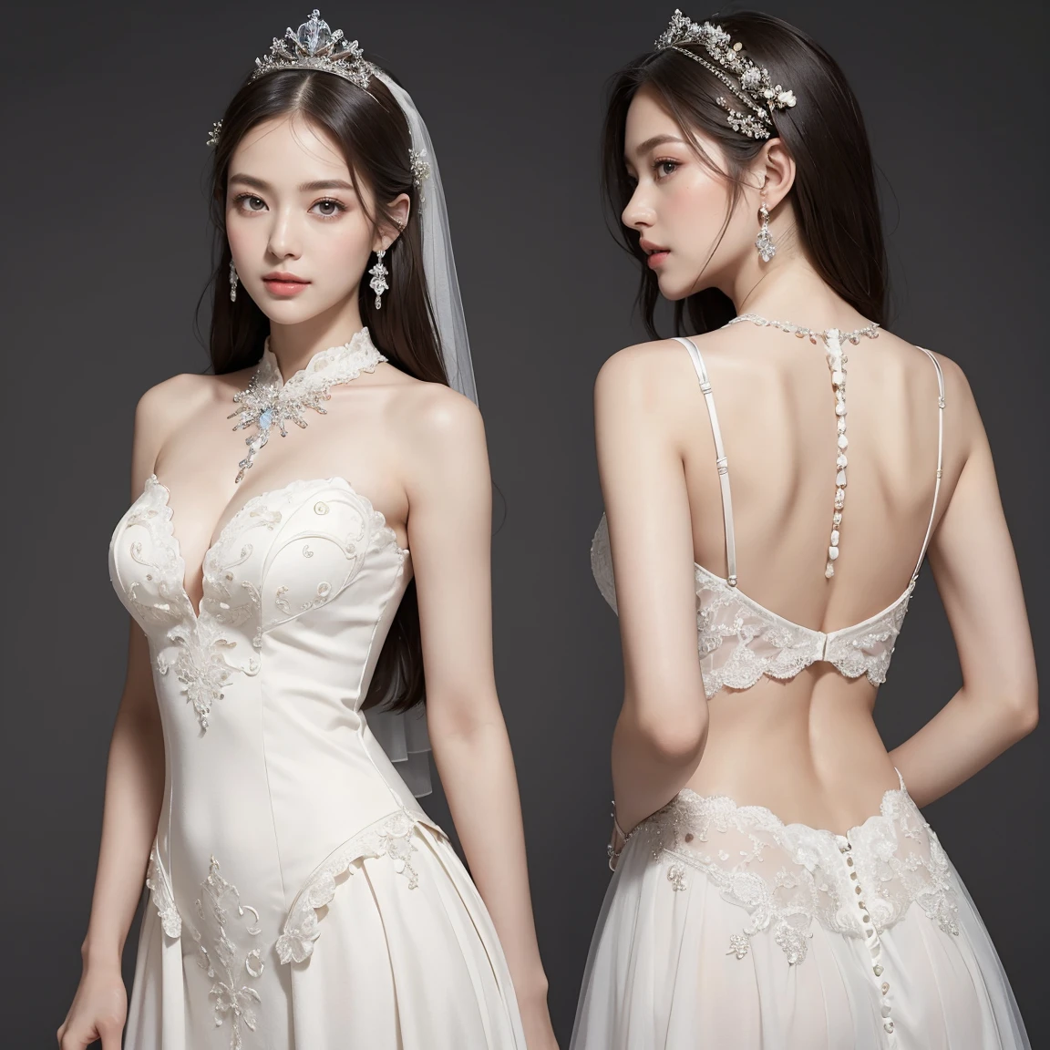 (masterpiece, best quality:1.5), ((Extremely detailed wedding dress)), high resolution, 16K, The most beautiful face in the world, Very detailed and beautiful face and eyes, Glowing skin, Delicate fabric texture, Perfect anatomical structure, rest, (Beauty incarnate:1.3), (Beautiful goddess:1.3), (Beautiful and charming princess:1.3), Perfect makeup, Deeply in love, Full of elegance. (whole body:1.5), (Three View, front、Back and side, Role List:1.3)