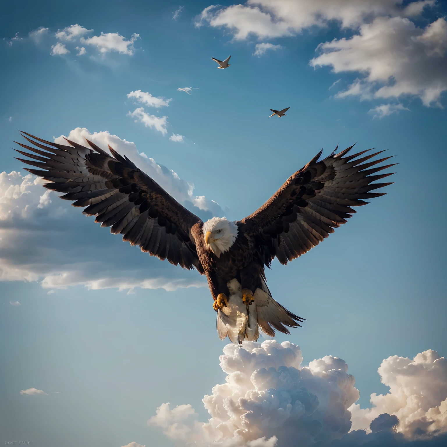 (eagle descending from sky,eagle setting,eagle flying,realistic eagle,bird of prey,bird,detailed feathers,photorealistic,plain background,cloudy sky,natural scenery,dramatic lighting,detailed textures,hyper detailed,hyper realistic,high resolution,high quality,masterpiece)