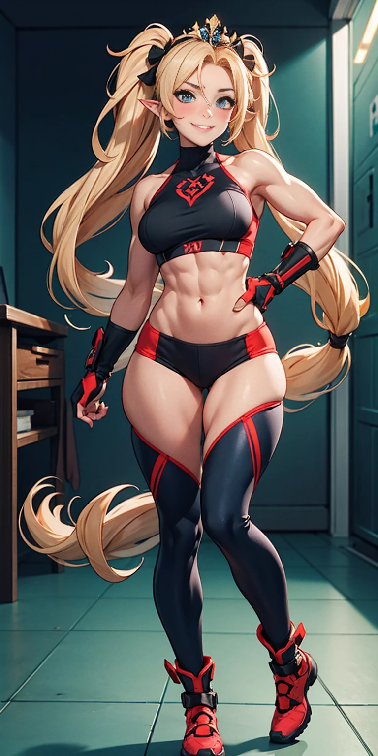 whole body, red breastplate, Redskin, looking at the viewer, bright,armor, Thighs, waders,shoulder armor, failures, Poland, gloves, gauntlets, Rerebrace armored boots, shoulder pads,(Masterpiece, Best Quality, ultra detailed, best shadow) yordle (1 girl)( Redskin:1.2) pointy ears muscular lean platinum blonde long twin-tails hairstyle at the office lustful smirking smile face red blushed, blush, strong abs, female bodybuilder, tiara, double hair drills