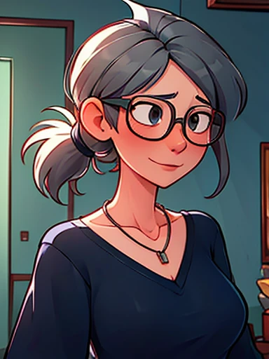 Aunt Cass Hamada from Big Hero 6, blue low-cut sweater, jeans, necklace, friendly expression, tall slender build, grey hair in a ponytail, glasses 