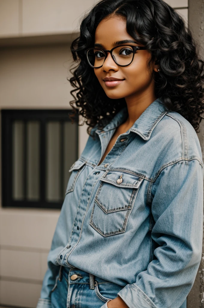 Curly black hair girl with glasses