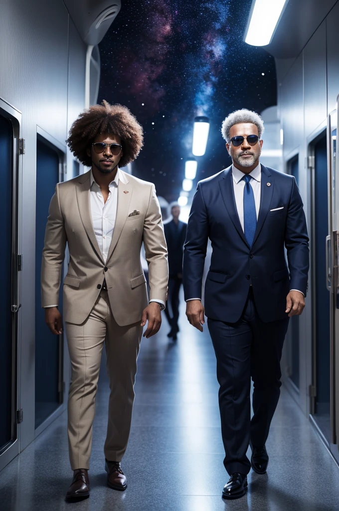 an afro man with curly hair, handsome, with sunglasses, and a handsome white man with hair back, in a suit and round glasses, walking in an intergalactic space, 4k, in space