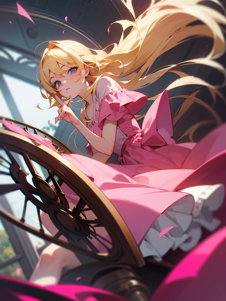 with blonde hair and a pink dress sticking her finger on a spinning wheel