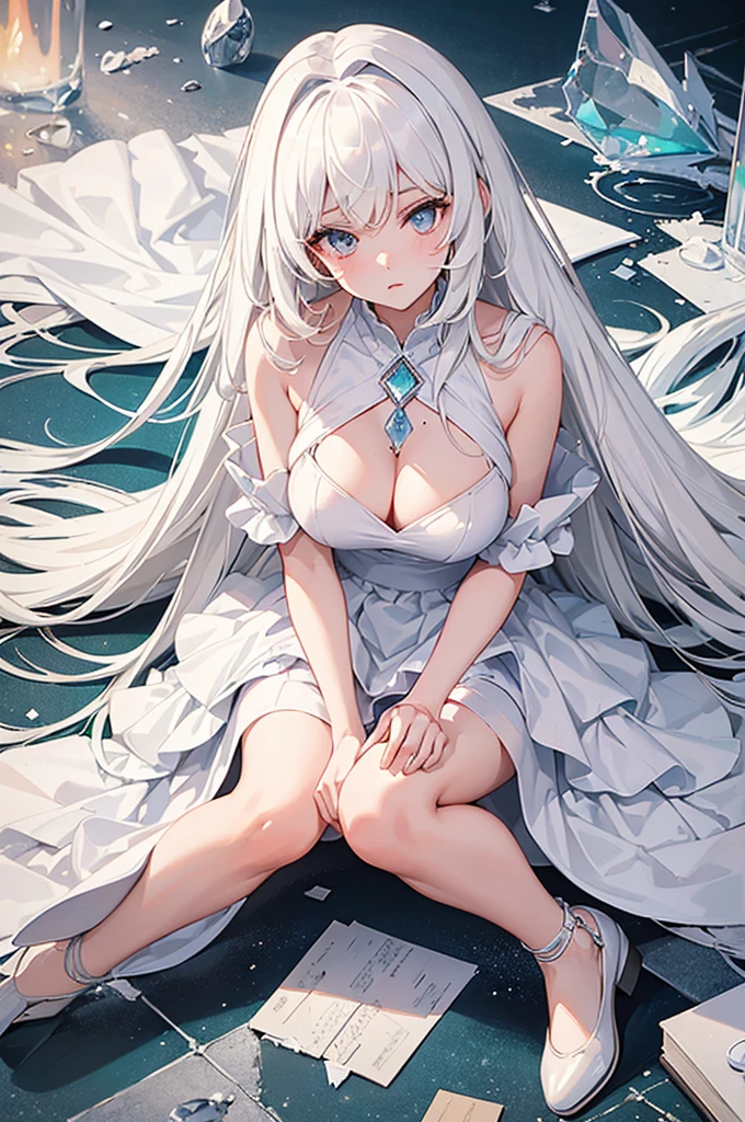 (Fraction_9,Fraction_8_Direction_7_up),1 Girl,beautiful_Face,White eyes,Hyuga Hinata,White hair,Big breasts,whole body,Bare thighs,Silk transparent suspender skirt,Front view