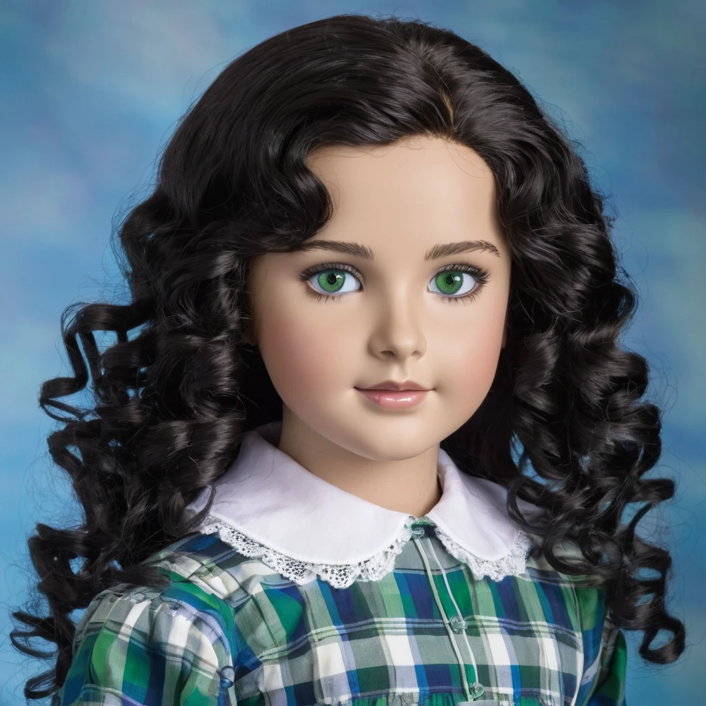  American girl, white skin, light green eyes and big curly black hair to the waist, wearing a blue plaid dress and a white long-sleeved blouse. Oval face and big eyes. 