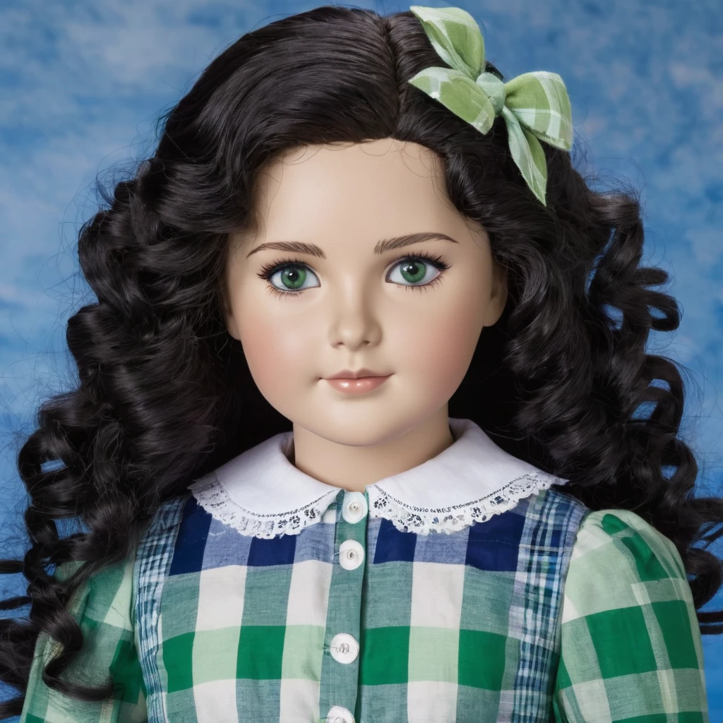 -yeld Amcan girl, white skin, light green eyes and big curly black hair to the waist, wearing a blue plaid dress and a white long-sleeved blouse. Oval face and big eyes. 