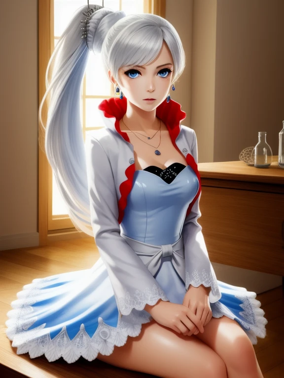 masterpiece,best quality,1girl,weissvale,ponytail,white dress,jewelry,necklace,earrings,expressionless,sitting,science fiction,indoors,