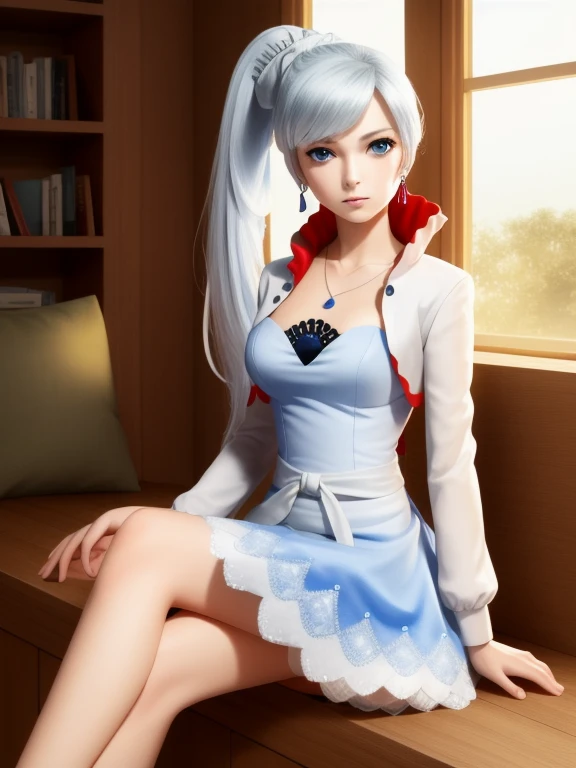 masterpiece,best quality,1girl,weissvale,ponytail,white dress,jewelry,necklace,earrings,expressionless,sitting,science fiction,indoors,
