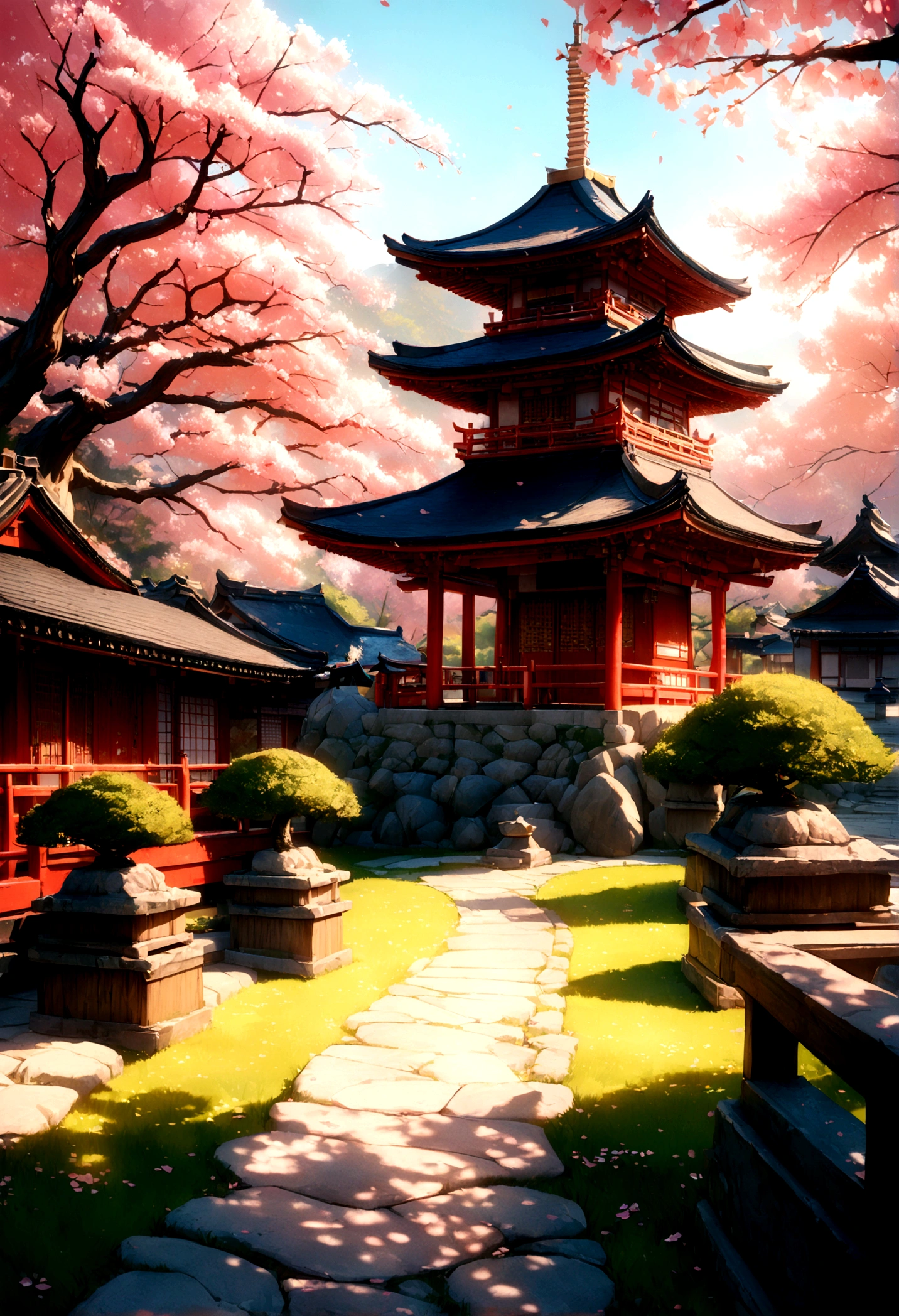 a traditional japanese pagoda, detailed architectural design, beautiful sakura trees, detailed stone pathway, idyllic natural scenery, (best quality,8k,highres,masterpiece:1.2),ultra-detailed,realistic,photorealistic,vivid colors,dynamic lighting,intricate details,stunning landscape,serene atmosphere,elegant architecture,beautiful cherry blossoms