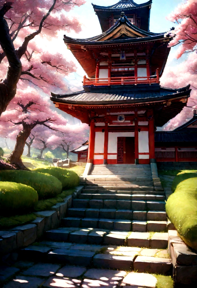 a traditional japanese pagoda, detailed architectural design, beautiful sakura trees, detailed stone pathway, idyllic natural scenery, (best quality,8k,highres,masterpiece:1.2),ultra-detailed,realistic,photorealistic,vivid colors,dynamic lighting,intricate details,stunning landscape,serene atmosphere,elegant architecture,beautiful cherry blossoms