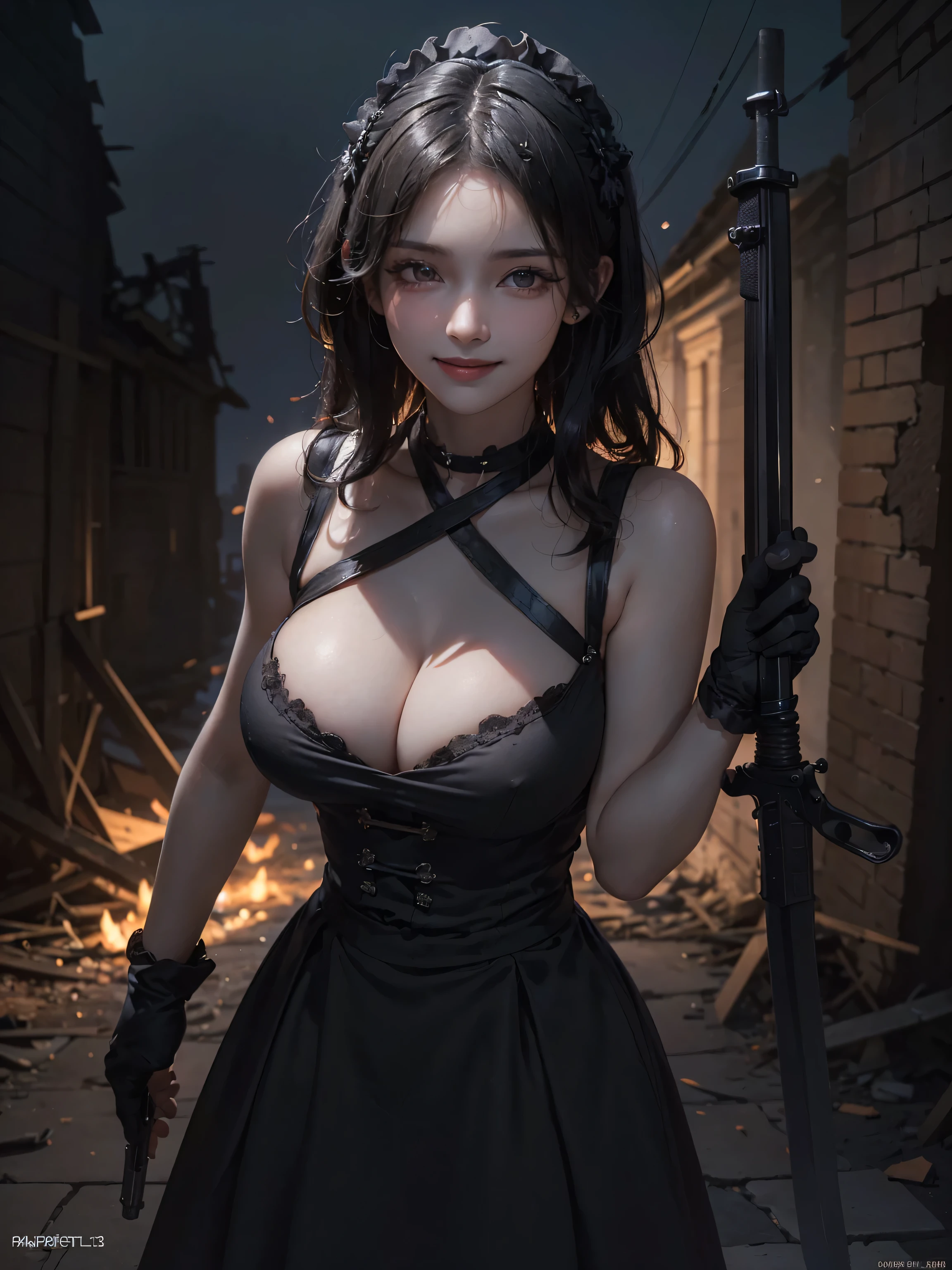 (masterpiece:1.3, Highest quality, Ultra-high resolution, Super detailed), (Realistic, photoRealistic:1.4), Perfect lighting, colorful, Depth of written boundary, Browsing Caution, Surrealism,((Pose with a gun and sword:1.3)),Beautiful detailed hair, Beautifully detailed face, Beautiful fine details, Beautiful valley,Beautiful clavicle, Beautiful body, thin脚,Beautiful feet, Beautiful breasts,Beautiful Hands, thin, 1 girl,Perfect Face, Long eyelashes,21 years old,Perfect Anatomy, Supermodel with a long neck,((Skinny1.3)),looking at the camera,(Perfect Anatomy,Anatomically correct, Highly detailed skin), Shiny skin,((beautiful girl:1.1)),(( large breasts:1.4)),(Mid-length hair:1.4, Wavy Hair:1.2, Black Hair) ,hair over one eye, Dainty facial structure,((Happy smile:1.3 )), (bullet proof vest:1.3),(( ((wearing(black)Maid clothes:1.3 )),criss-cross halter, ((Has an assault rifle)),Long hangerless gloves,((Destroyed city)),Ruins scary atmosphere,Mood Lighting,naked,spooky,soil,Deep dark background,Complex background,action,Daytime,((looking at viewer:1.2)),((wind lift)),((wind effect)),upper body,((wide shot:1.3)),