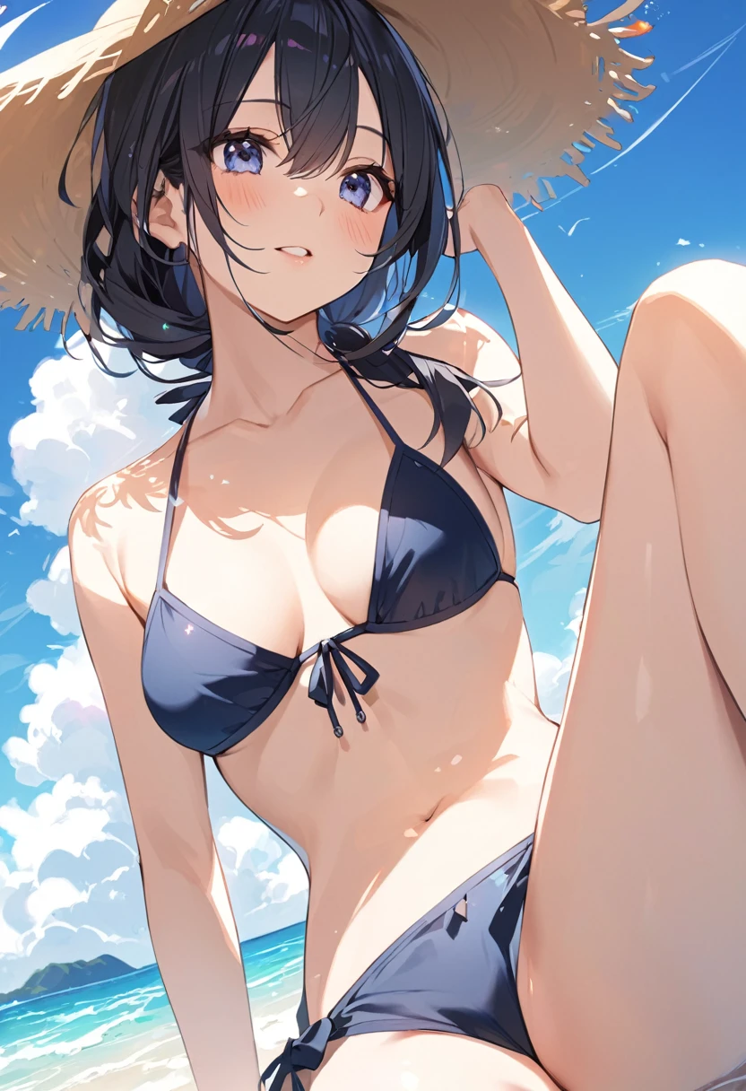 summer、Ocean、blue sky、beautiful girl、bikini、sexy、Low angle、Medium chest、Black Hair