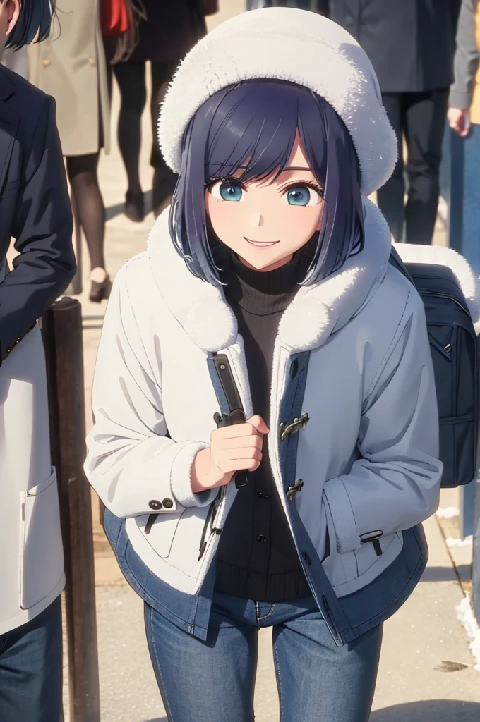 girl, duffel coat, jeans, snow, black gloves, street, crowd, smile