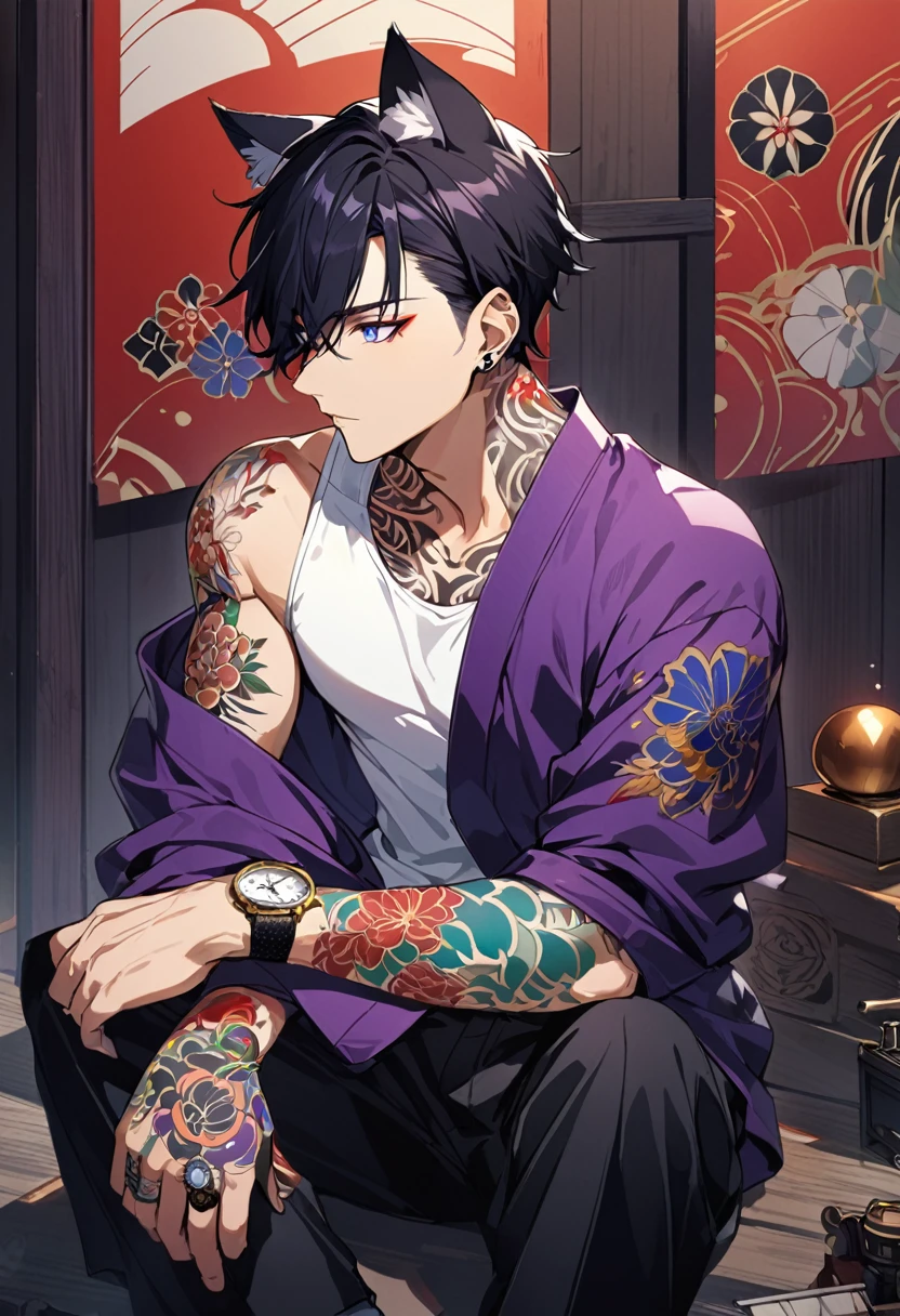 1man, short black hair, cat ears, bright blueviolet eyes, wearing a purple casual jacket, wearing a white undershirt, wearing black pants , wearing a vintage watch, japanese style tattoos, colorful tattoos, tattoos all over the arms, sitting