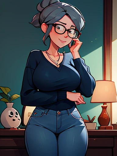 Aunt Cass Hamada from Big Hero 6, blue low-cut sweater, jeans, necklace, friendly expression, tall slender build, grey hair in a ponytail, glasses 