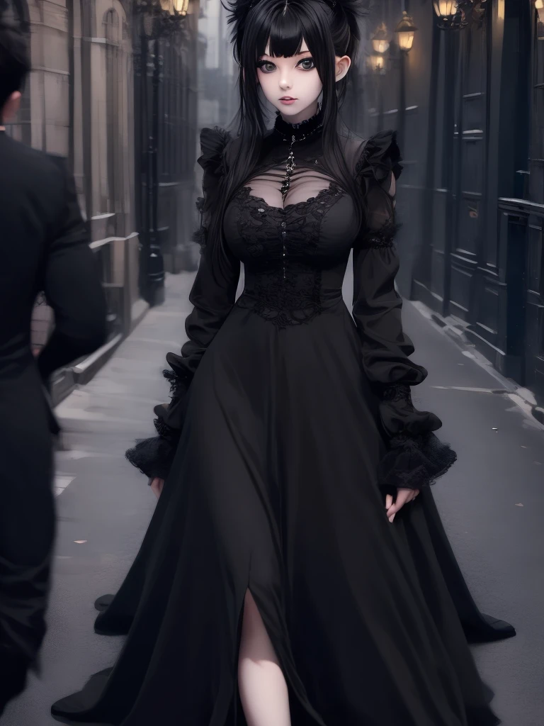 a 1 7 - year - old anime goth girl, pale goth beauty, she is wearing a black dress, black hair with bangs, wearing a gothic dress,