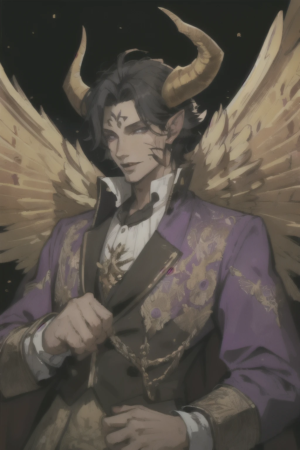 man, Devil, purple clothes with gold patterns, black hair, wings, horns, red skin, aristocratic clothing