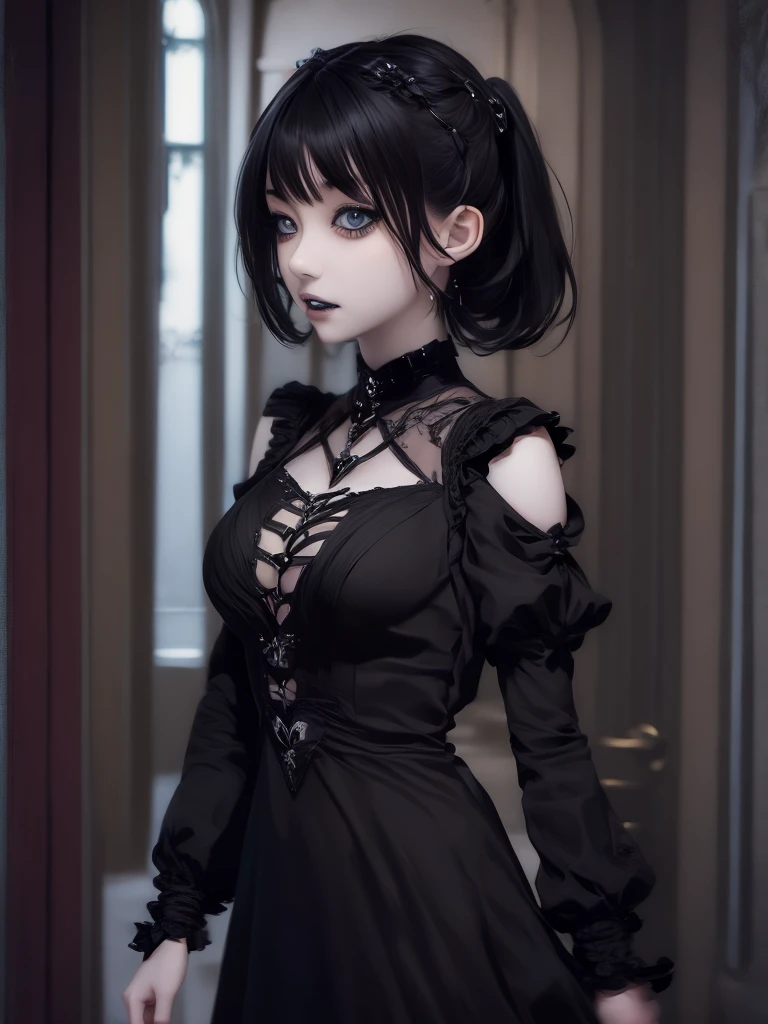a 1 7 - year - old anime goth girl, pale goth beauty, she is wearing a black dress, black hair with bangs, wearing a gothic dress,