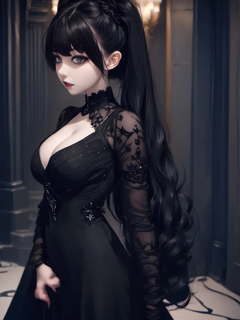 a 1 7 -  - old me goth girl, pale goth beauty, she is wearing a black dress, black hair with bangs, wearing a gothic dress,