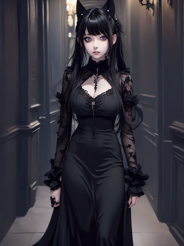 a 1 7 - year - old anime goth girl, pale goth beauty, she is wearing a black dress, black hair with bangs, wearing a gothic dress,