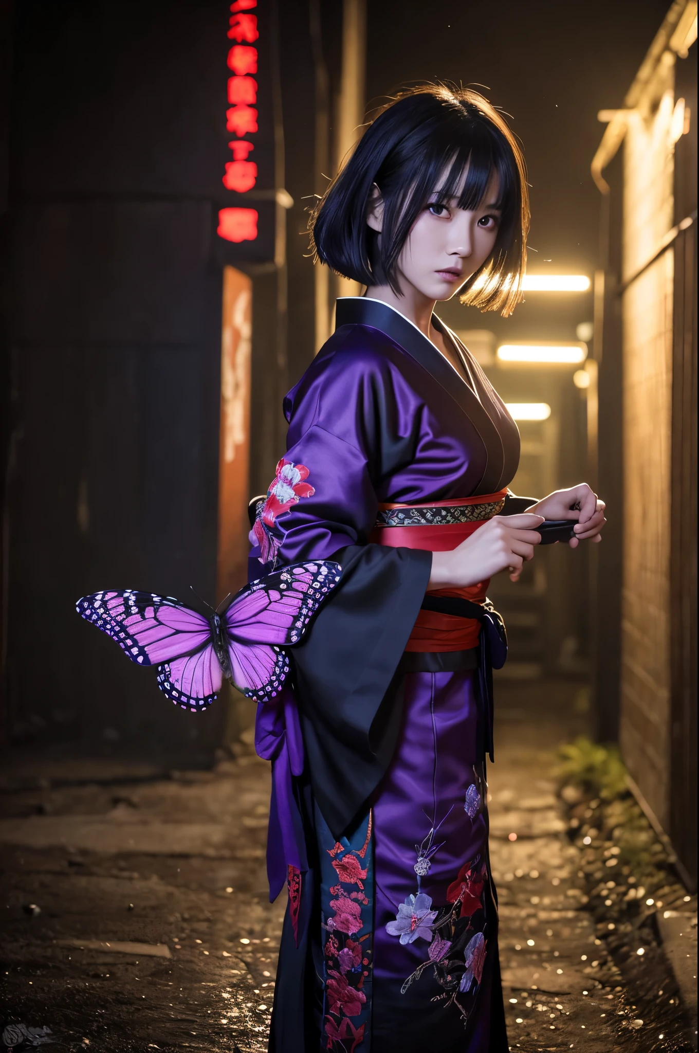 8K,Women in traditional Japanese costumes fighting,(Dark Shot:1.4), 80mm, (Dark Shot:1.4), 80mm, A magnificent reality, Big eyes,Black short bob hair,Black and purple butterfly hair ornament,Black kimono and red obi,Black and purple butterfly pattern(Intricate butterfly embroidery),Purple eyes(Purple Effect),mat, art,Horror movie lights, Photo Lab, High resolution, 複雑で非常にdetailed, (Depth of written border:1.4), (Dark Shot:1.22), (artステーション:1.2), 超detailedな, dramatic, Intricate details, (Technicolor:0.9), (Rutkowski:0.8), Like a horror movie, detailed, Soft Light, sharp, Exposure Blending, Medium Shot, (Noir:0.4), horror light,sharp, Exposure Blending、Medium Shot,Photorealistic RAW photos of the highest quality。Backlight, Cinema Lighting, Film Grain, to be born, 50mm lens, Nikon D850,Realistic Skin,ファンタジーart,キャラクターart,超High resolution,Muscular and slim body,in the forest,super Realistic Skin,Late Night,Underworld demon makeup,Demon Makeup,Battle Scenes,Action Scenes,Action pose,激しいAction pose,fierce fighting,Holding a dagger,Acrobatic pose,Fighting Style,flower,