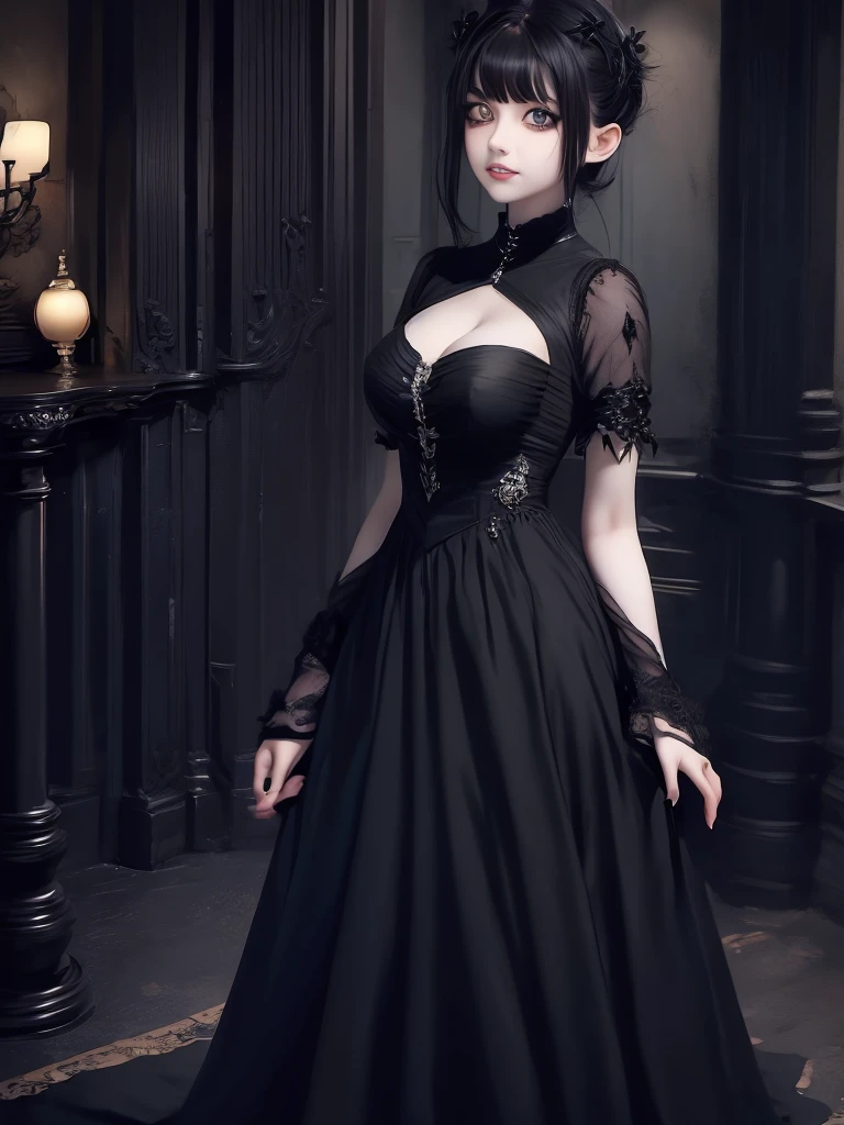 a 1 7 - year - old anime goth girl, pale goth beauty, she is wearing a black dress, black hair with bangs, wearing a gothic dress,