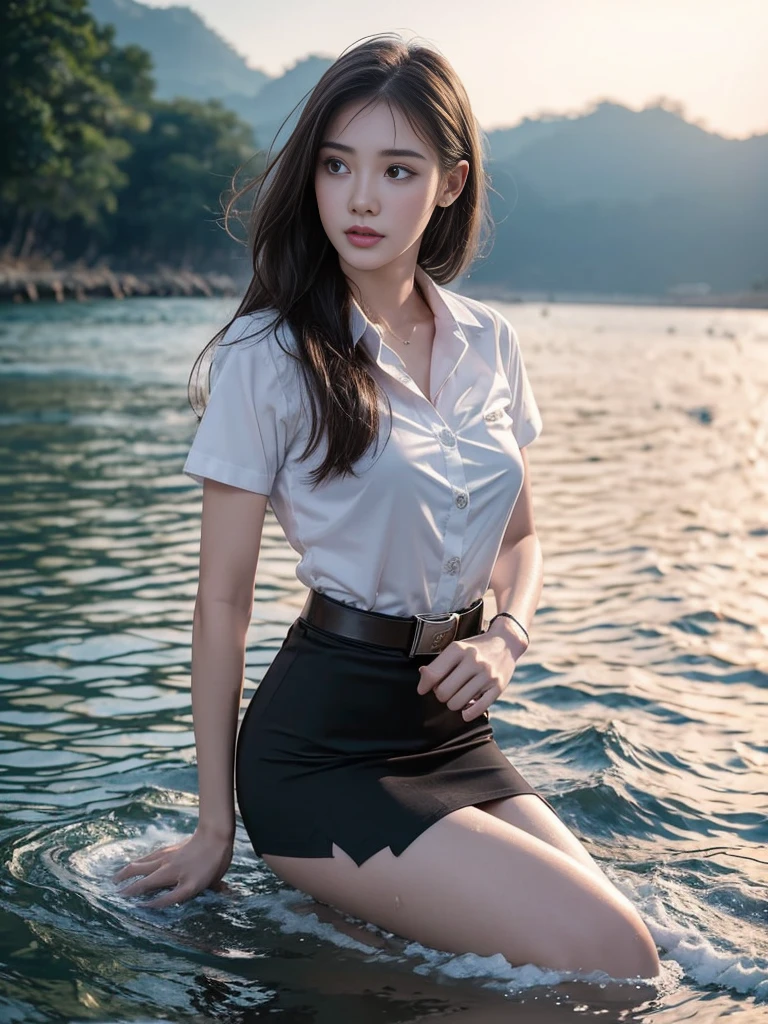 18s woman in thai university uniform, very beautiful, pretty, wet long straight hair, white wet plain short-sleeve button up shirt:1.4, black wet bra:1.3, black wet tight mini skirt:1.2, brown belt, masterpiece:1.2, high detail, realistic, cinematic scene, slim and perfect figure, perfect body proportions, 16k, portrait photo, dynamic pose, dynamic compositions, water, surrounded by heavy water:1.2, motion blur, long exposure, at sea shore, martial arts, blue light tone, water magic, (water element:1.2), water goddess, xuer martial arts, insane detailed on face, close up, water droplets on the skin:1.2, water drips all over her body:1.2, water droplet on her face:1.2, wet body:1.2, selective focus, shallow sea, opaque shirt:1.4