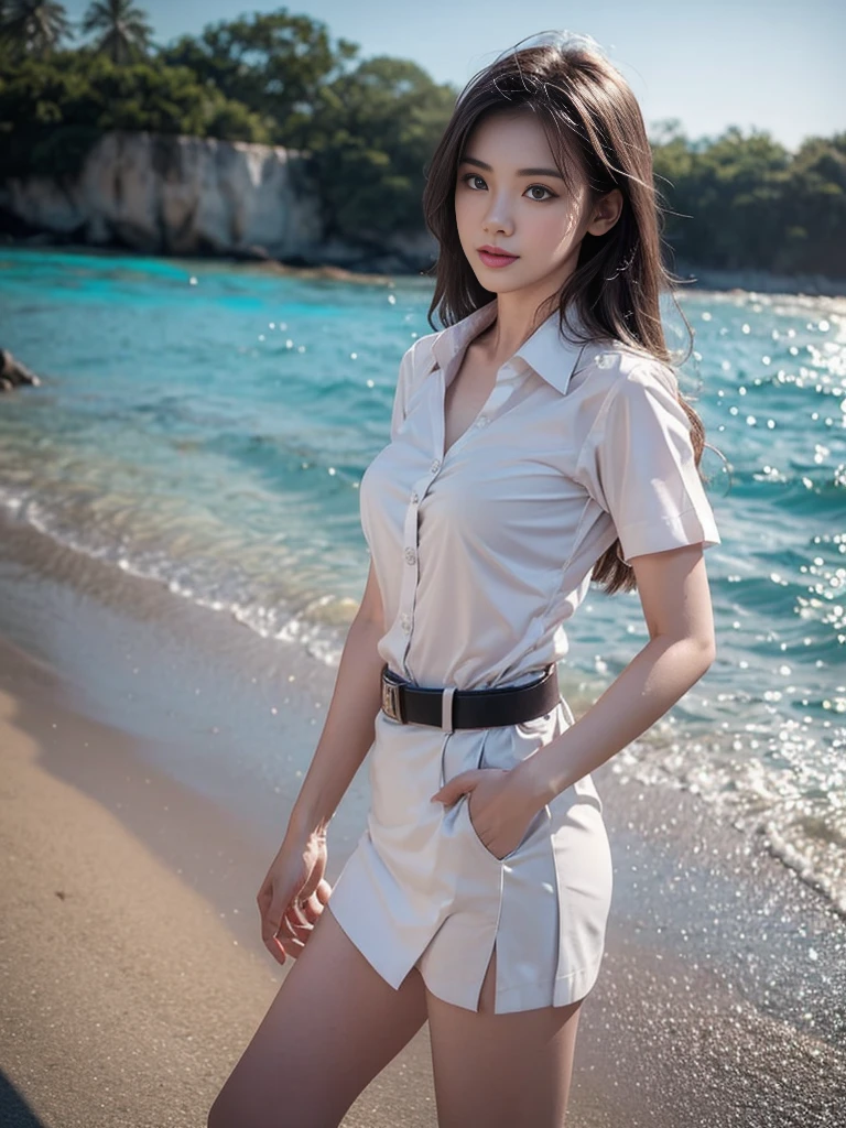 18s woman in thai university uniform, very beautiful, pretty, wet long straight hair, white wet plain short-sleeve button up shirt:1.4, black wet bra:1.3, black wet tight mini skirt:1.2, brown belt, masterpiece:1.2, high detail, realistic, cinematic scene, slim and perfect figure, perfect body proportions, 16k, portrait photo, dynamic pose, dynamic compositions, water, surrounded by heavy water:1.2, motion blur, long exposure, at sea shore, martial arts, blue light tone, water magic, (water element:1.2), water goddess, xuer martial arts, insane detailed on face, close up, water droplets on the skin:1.2, water drips all over her body:1.2, water droplet on her face:1.2, wet body:1.2, selective focus, shallow sea, opaque shirt:1.4