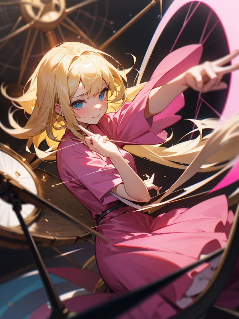 with blonde hair and a pink dress sticking her finger on a spinning wheel