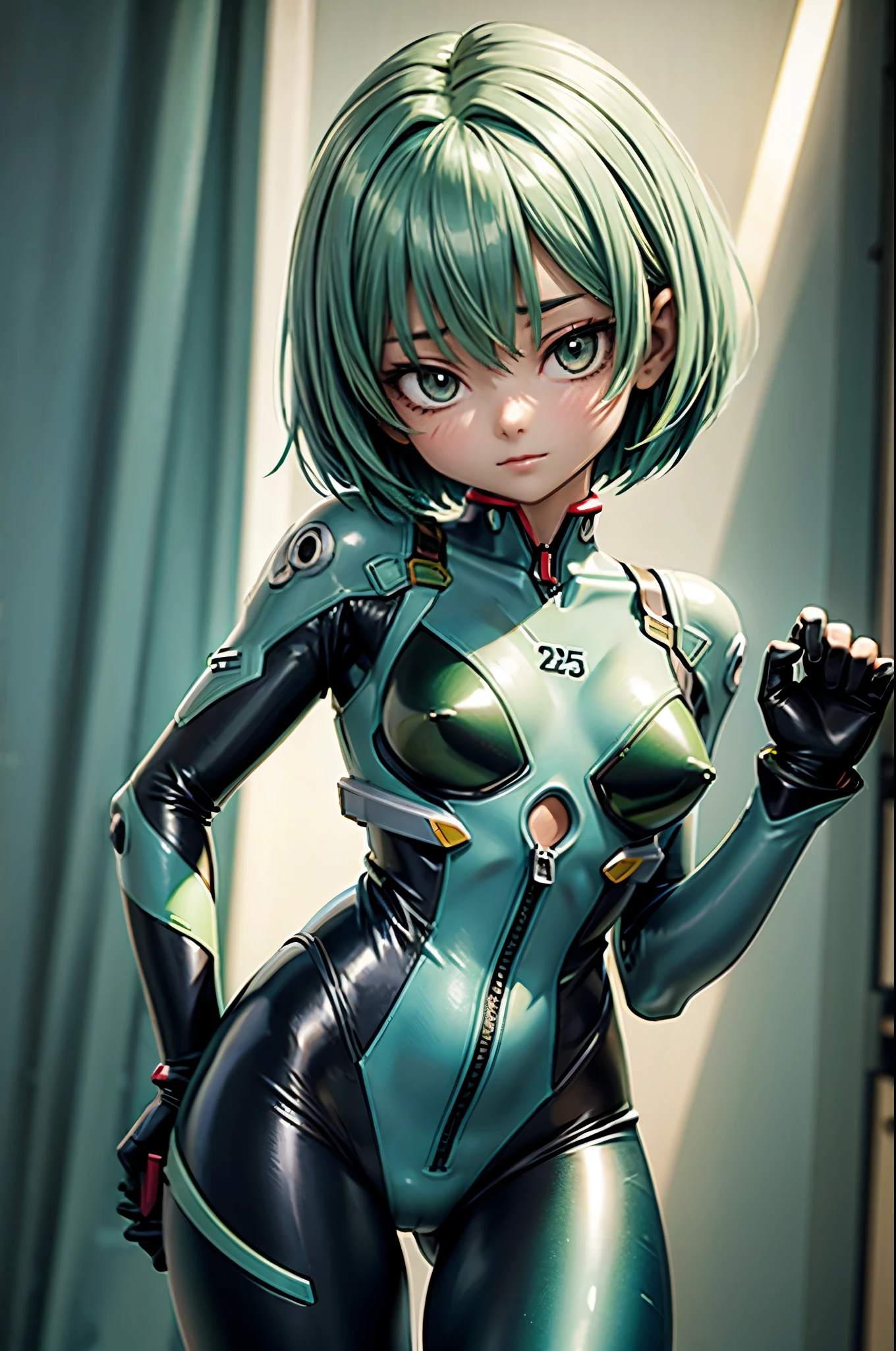 1Girl, green bob hair, Stunning proportions, Evangelion Suit, Skin Fit Blue Bodysuit
