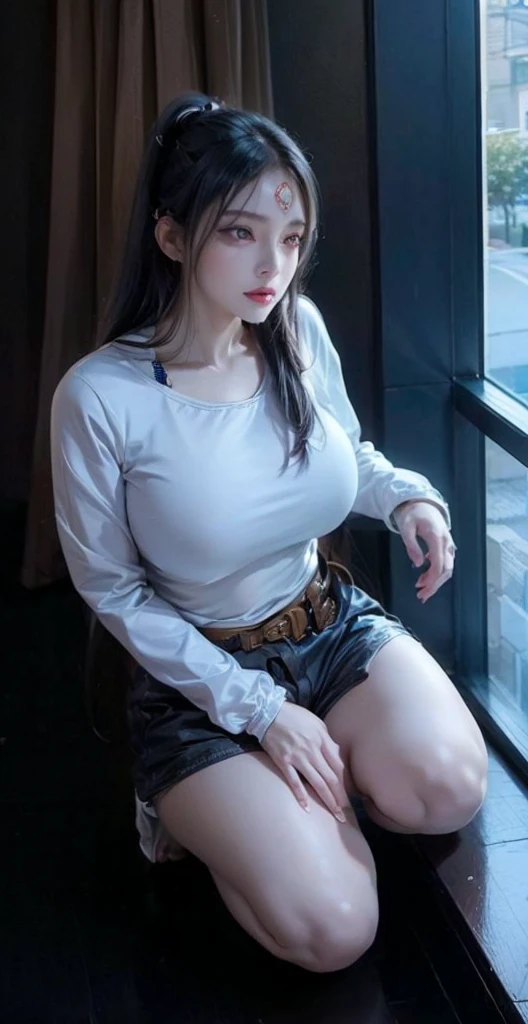 realistic, 1 women, best quality, 12k, HD, long hair, (big round breasts:1.5), cleavage, ponytail, necklace, jewelry, shorts, short jacket, slim hips, hair tie, yellow eyes, black hair, super detailed, Eye details, hair details, person details, mouth details, face details, breast details, clothes details, hair details, pants details, hand details, whole body