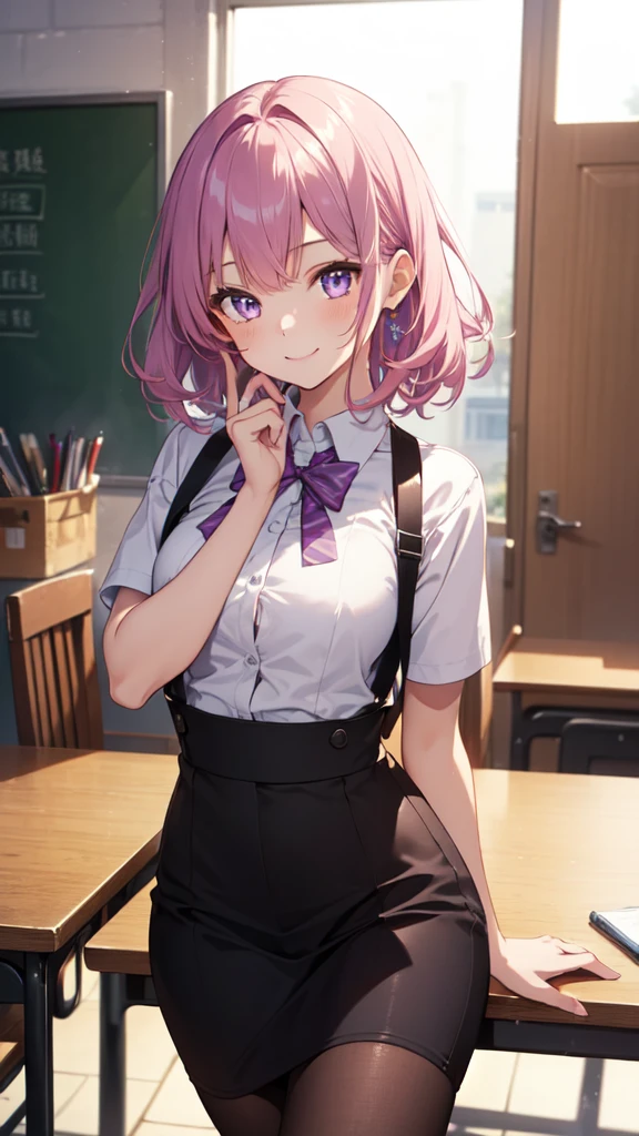 (high resolution, 4K, Extremely detailed, masterpiece:1.2),1girl, Shiny purple eyes, pink medium length hair, student, student製服, Charming beauty ,Smile