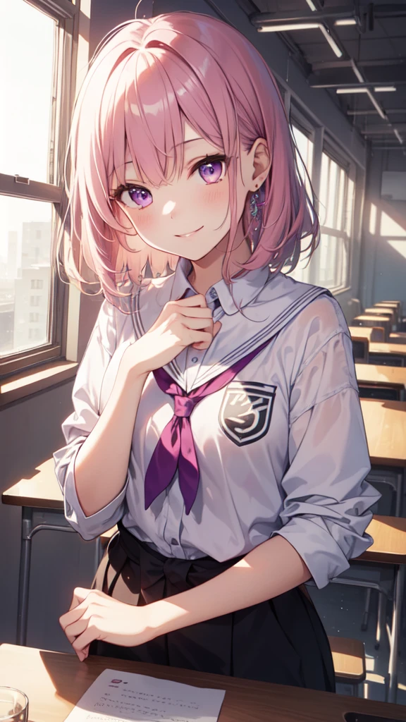 (high resolution, 4K, Extremely detailed, masterpiece:1.2),1girl, Shiny purple eyes, pink medium length hair, student, student製服, Charming beauty ,Smile