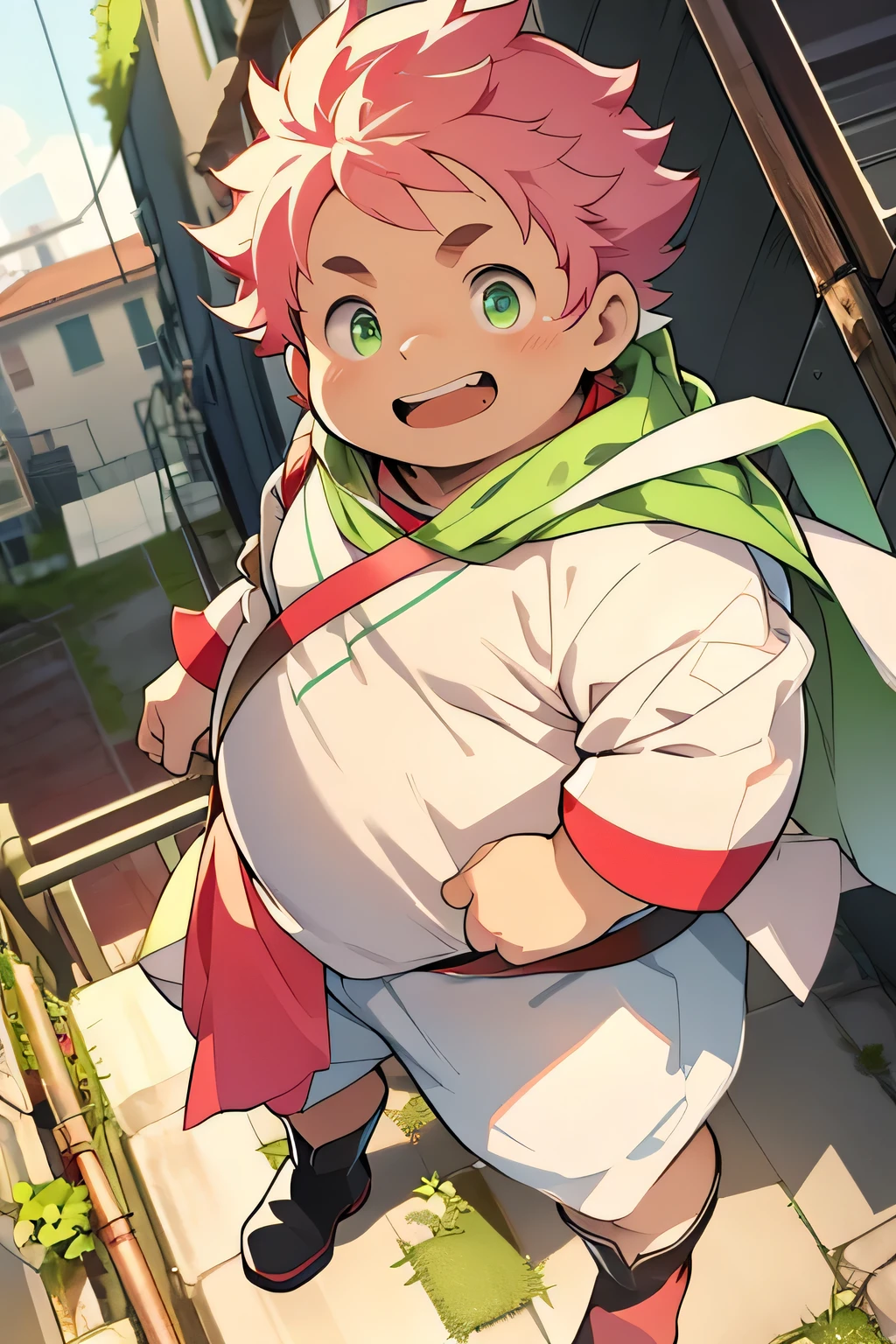 fat Boy，cute，Short pink hair，Fluorescent green eyes，White tights，Red Cape，standing on top of the building，Looking up，Black leather boots，Proud expression，