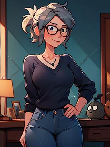 Aunt Cass Hamada from Big Hero 6, blue low-cut sweater, jeans, necklace, friendly expression, tall slender build, grey hair in a ponytail, glasses 