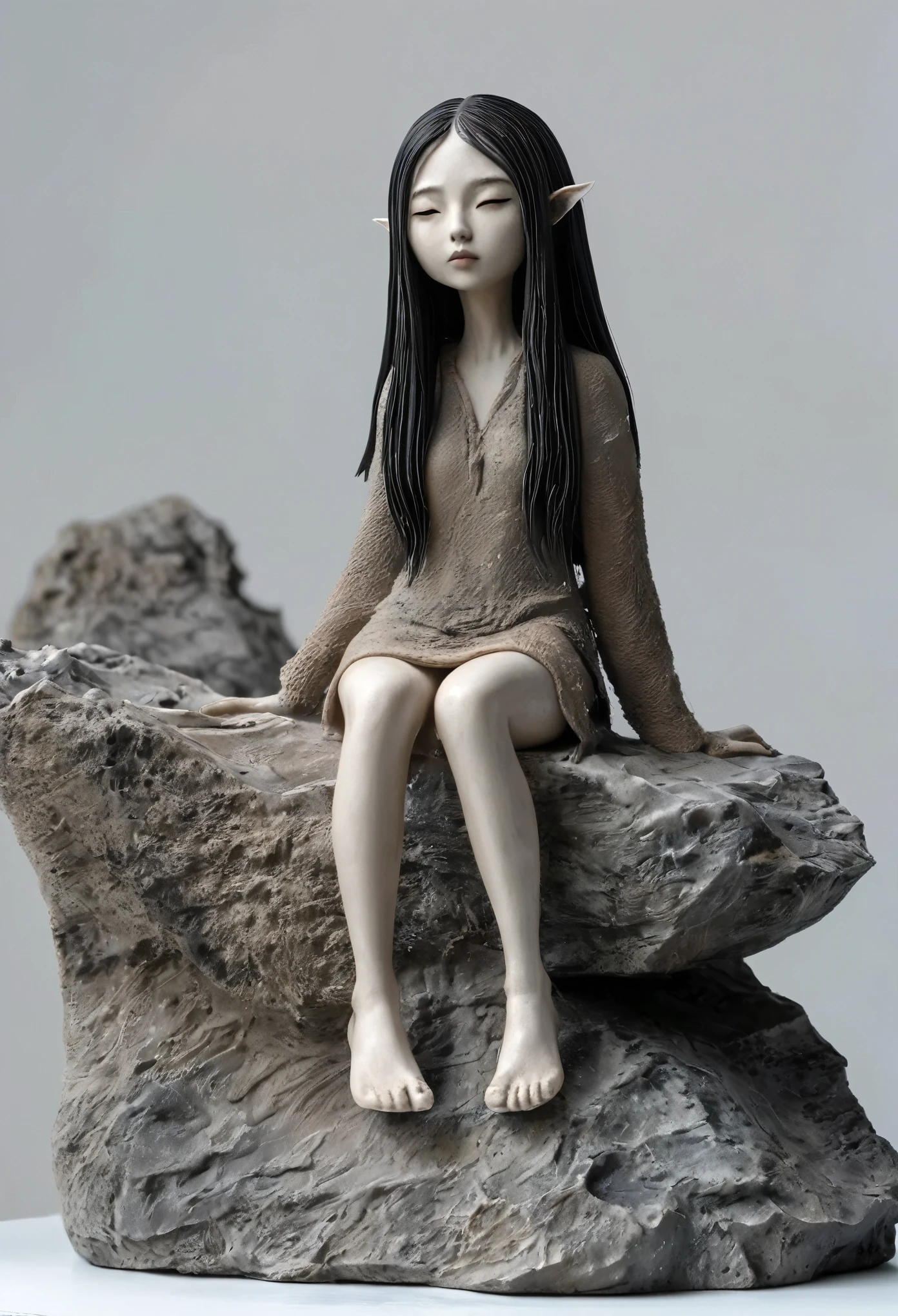 (best qualityer:1.2),1 GIRL naked elf long hair translucent clay 30% standing on a small rock. ultra-light Argila, Translucent clay 30%, Ceramics, Rough knitted texture, anguished, grimy, Mineral pigments, 3D Argila sculpture art, Argila sculpture, Rough surface, (black shoes,declive,declive background,fundo cinza,cover,lonely,perm)