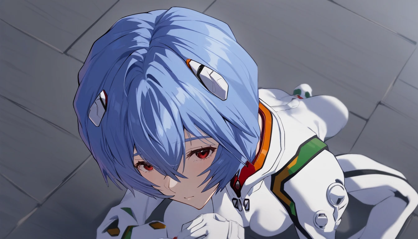 One girl, Ayanami Rei, alone, Red eyes, short hair, white plugsuit, Hair between the eyes, View your viewers, Blue Hair, rut, Mouth closed, bangs, From above, medium quality, slow,