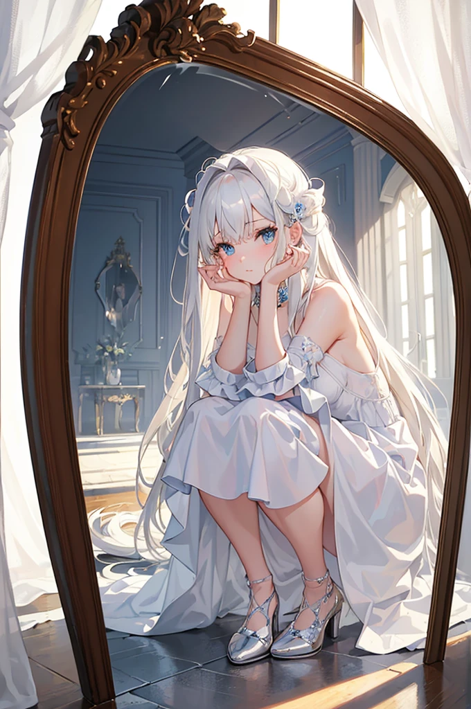 ((best quality)), ((masterpiece)), (detailed), perfect face
Create a picture of a girl with thick long white hair that goes down to her knees wearing a white dress laying down on a broken mirror