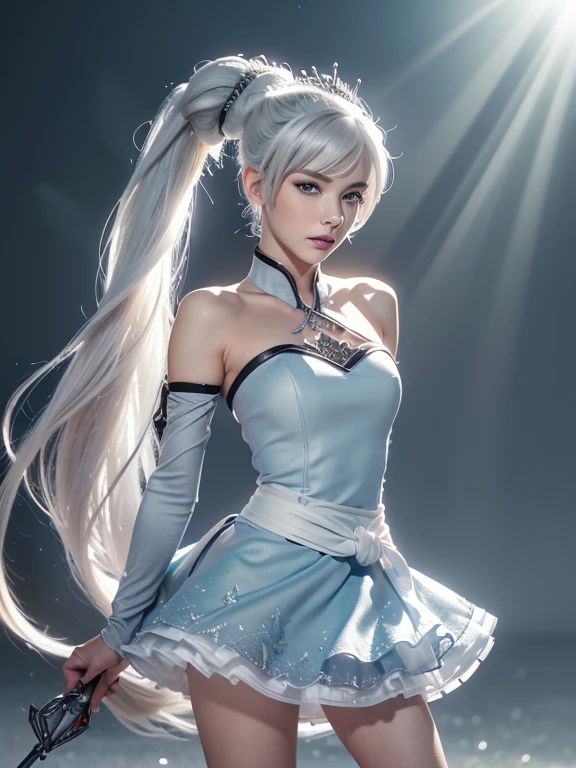 weiss schnee (\rwby\), silver hair, 1 girl, best quality, high-detailed, masterpiece, high definition, Sharp: 1.2, Perfect body beauty: 1.4, Slim abs: 1.2, ((Layered Hair Style,)), Highly detailed face and skin texture, Detailed eyes, Double eyelids, Looking at the camera, pale blue eyes, long hair, off-center ponytail, ice background, perfect lighting,(bright), hyperrealism, rwby, rapier in hand, silver icicle-shaped tiara, thigh-length strapless white-blue dress, pale skin