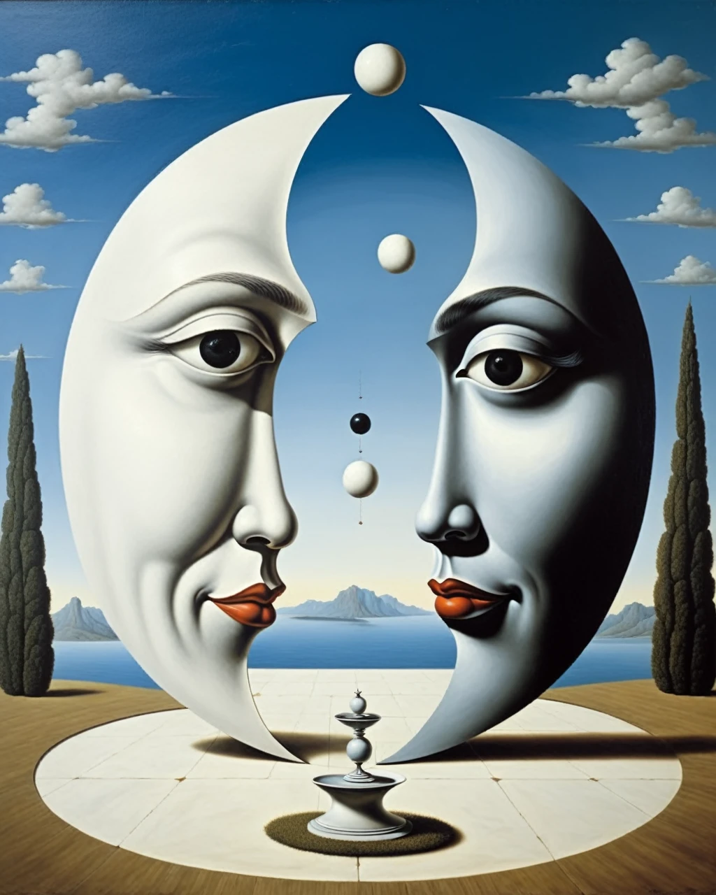 Lao Tzu, ying yang symbol - surreal style, surreal artwork, dream like, salvador dali style, René Magritte style, highy detailed, work of art, similar to a painting, High definition