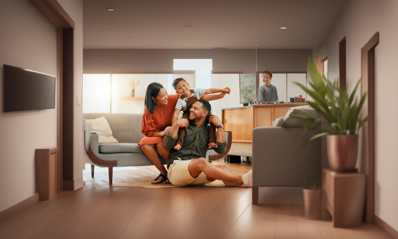 there is a man and woman sitting on a couch with two children, husband wife and son, portrait of family of three, happy family, families playing, home photography portrait, mixed art, stock photo, family photography, portrait shot, stock image, advertising photo, joyful people in the house, in a living room, above the family room, having a great time