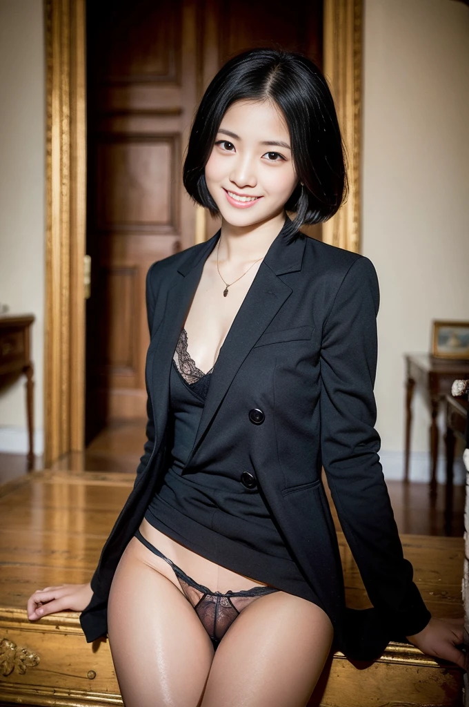 Pure young Japanese girl, wearing dark colors style suits and skirts, (panty), vivid makeup, natural black hair styles, sitting in antique gothic style rooms, sweet smile, sexual attractive, secret temptations, professional portrait photography, 