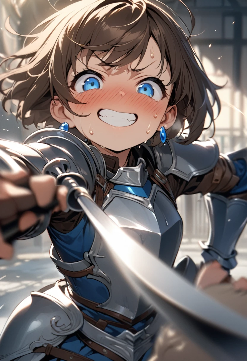 Brat, ((masterpiece)), High resolution, 10 years old、girl、 Brown Hair、Short Bob、((smile、Grin))、Embarrassed face、Sweating all over the body、Bright Blue Eyes、smile、((Grin))、Earrings、Fight with the legendary rapier、Disturbed、Light、Motion Blur、Simple armor、